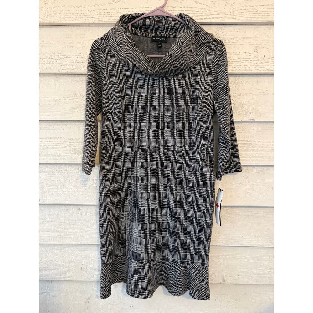 Tribal Femme Petite Black & White Plaid Cowl Neck Sweater Dress P/S NWT Made in - Picture 2 of 8